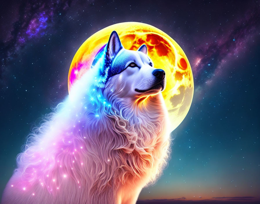 Colorful digital artwork of majestic husky under surreal moon