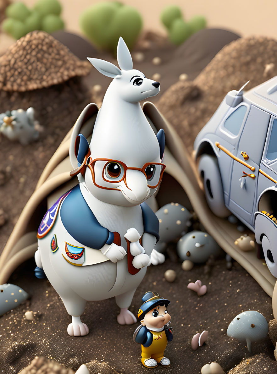 Illustration of Kangaroo and Police Kangaroo with Toy Car on Dirt Terrain