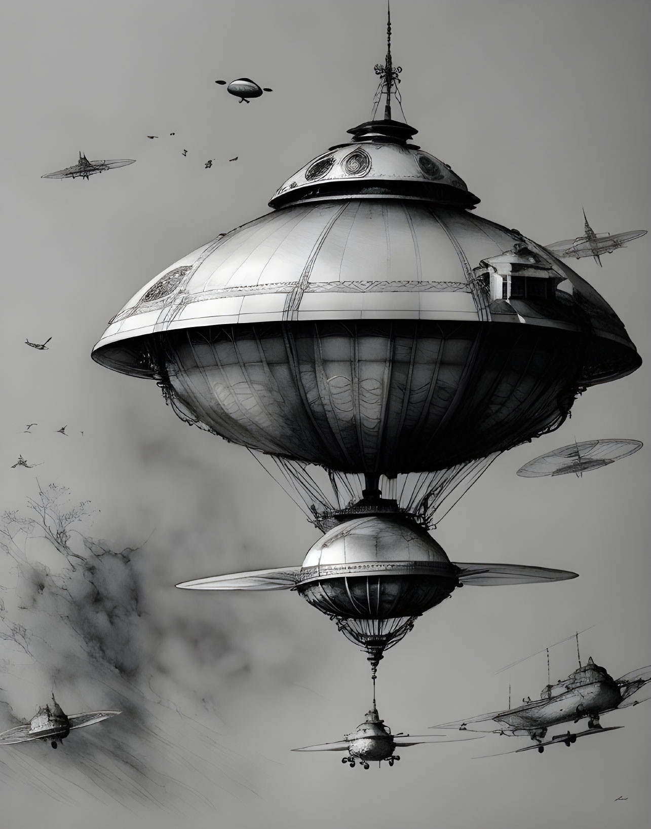 Monochromatic steampunk airship art with balloon-like structures in cloudy sky