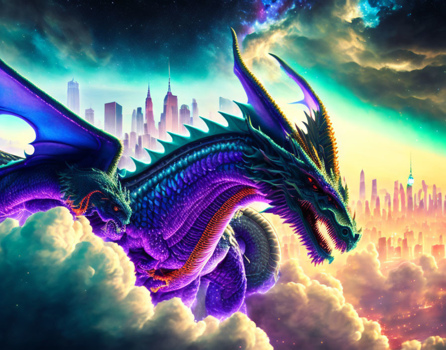 Colorful dragon flying over futuristic city skyline and starry sky