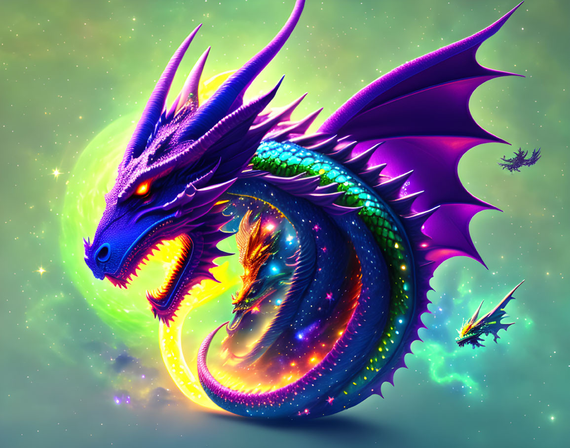 Colorful Cosmic Dragon Illustration with Blue and Purple Hues