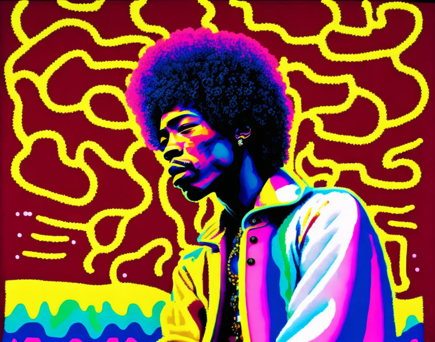 Vibrant pop art image of person with afro against psychedelic background