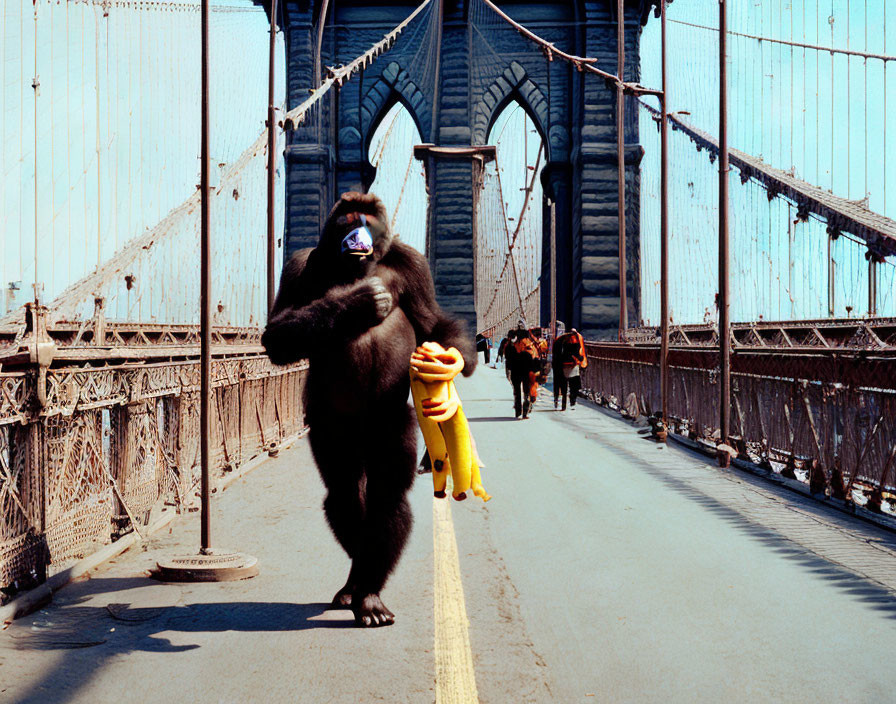 Person in gorilla costume with rubber chicken on bridge among pedestrians