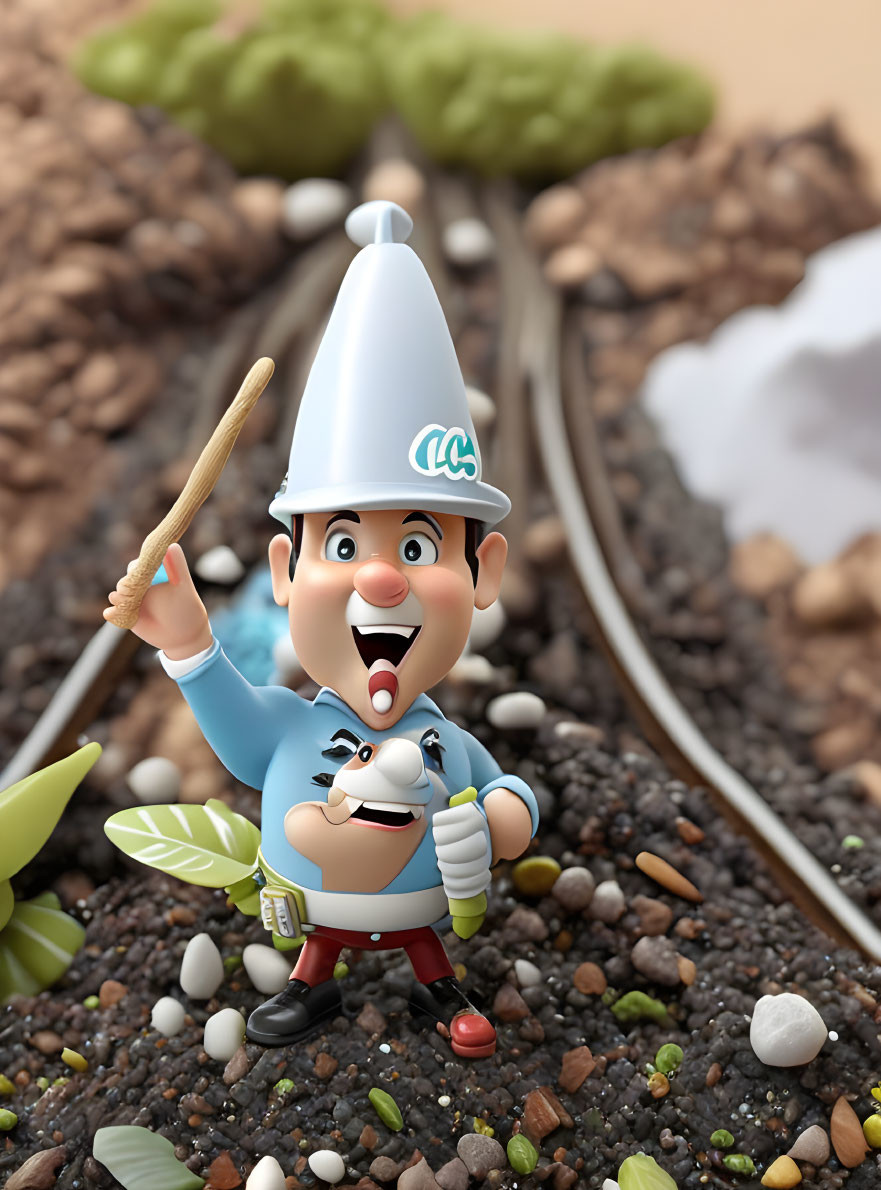 Animated character in conductor uniform with ice cream cone hat on train tracks amidst coffee beans and leaves