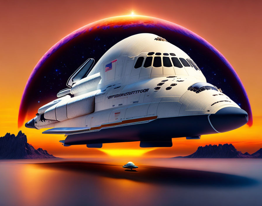 Space shuttle and small craft in orange landscape with twilight sky