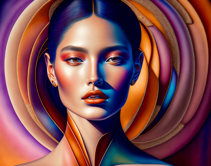 Colorful makeup digital portrait of stylized woman with abstract background