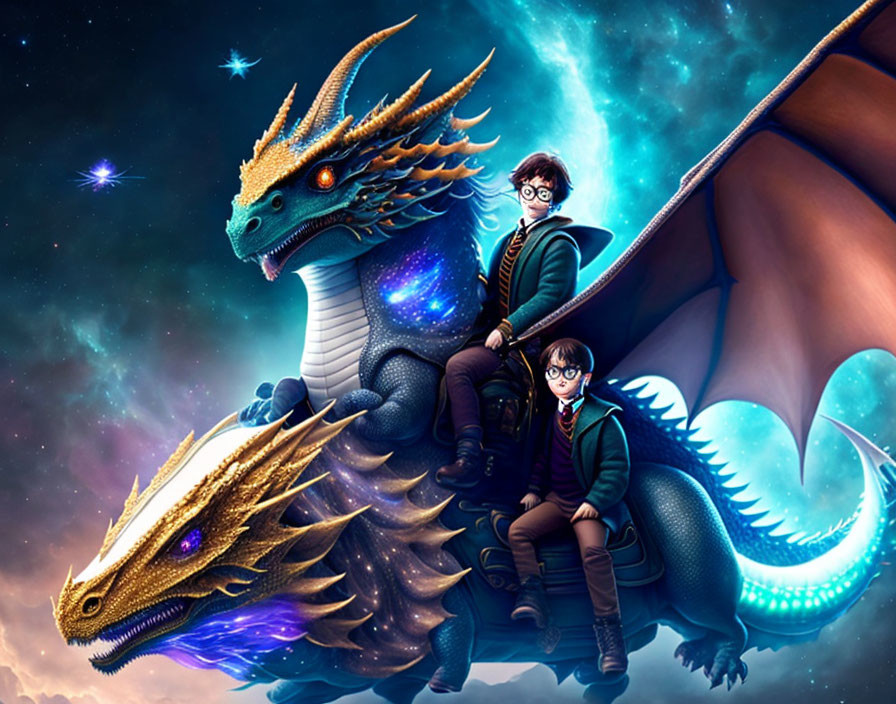 Person riding majestic blue dragon in fantasy illustration