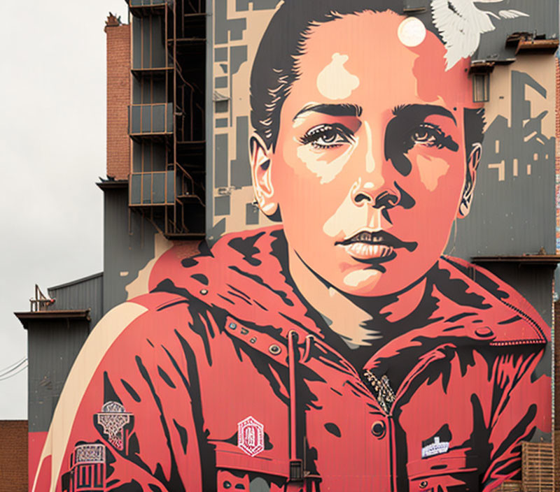 Red-jacketed person with short hair mural on building side with pigeon.