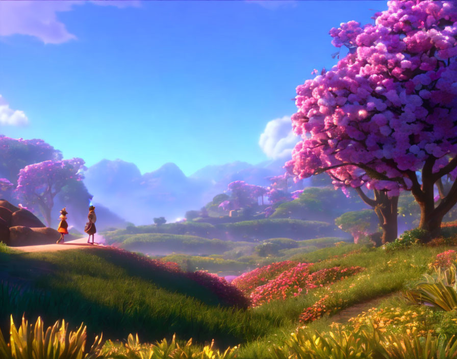 Animated characters stroll in vibrant floral landscape