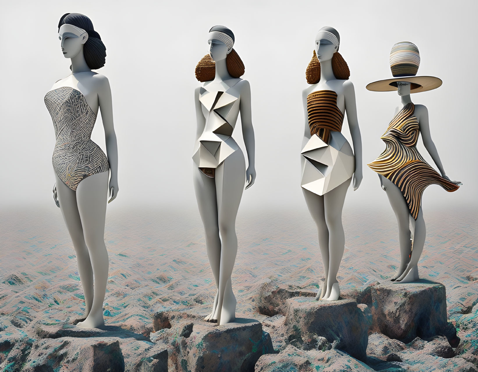 Four mannequins in stylish hair and textured dresses on rocky surface with foggy background.