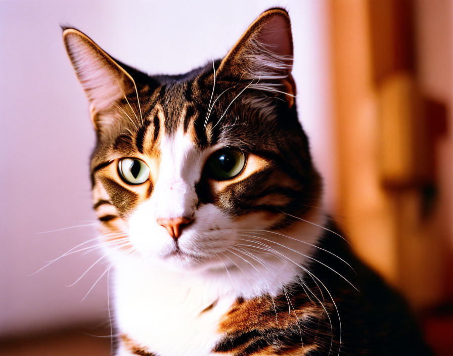 Striped domestic cat with green eyes and white whiskers in close-up.