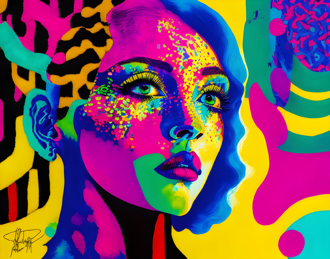 Colorful digital portrait of woman with multi-colored skin in neon paint against psychedelic backdrop