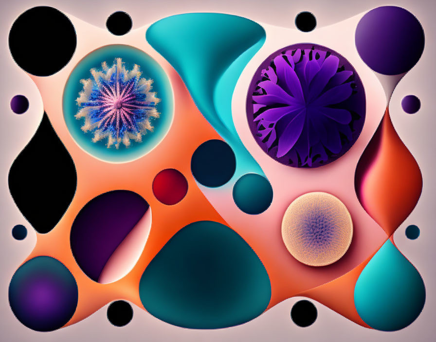 Fluid orange, blue, and purple shapes with circular patterns on gradient background