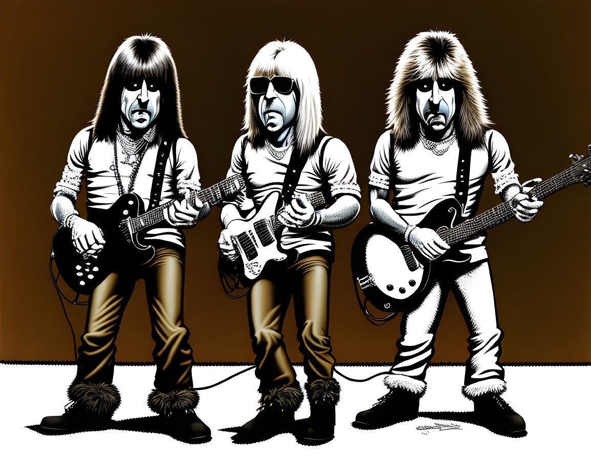 Cartoon-style rock musicians playing guitars on brown background