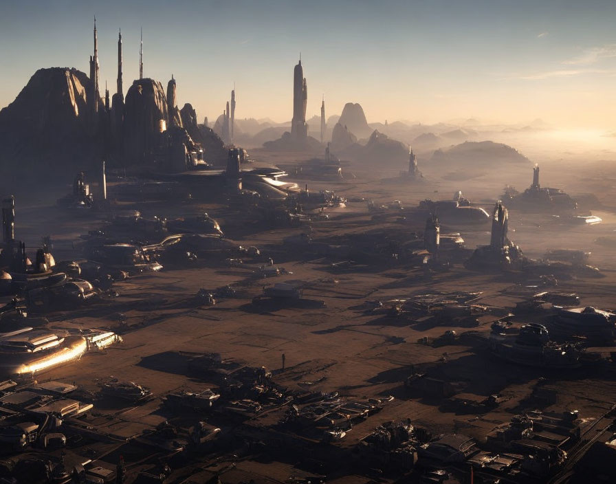 Futuristic cityscape at dawn with towering spires and hazy skyline