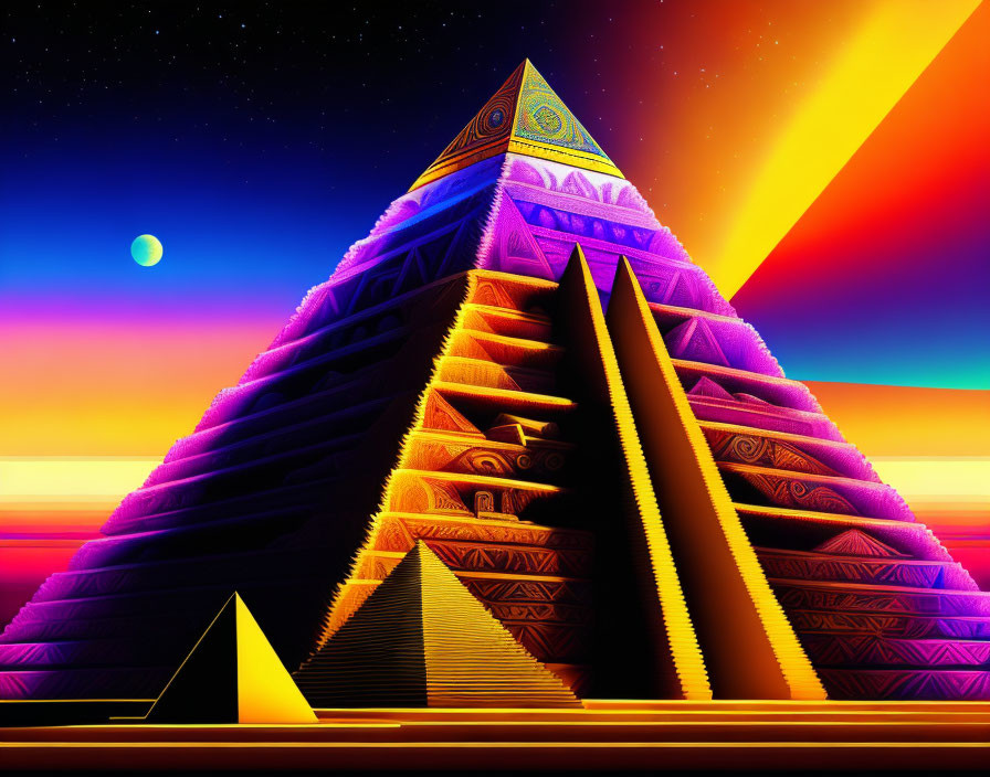 Vibrant neon pyramids under twilight sky with light beam