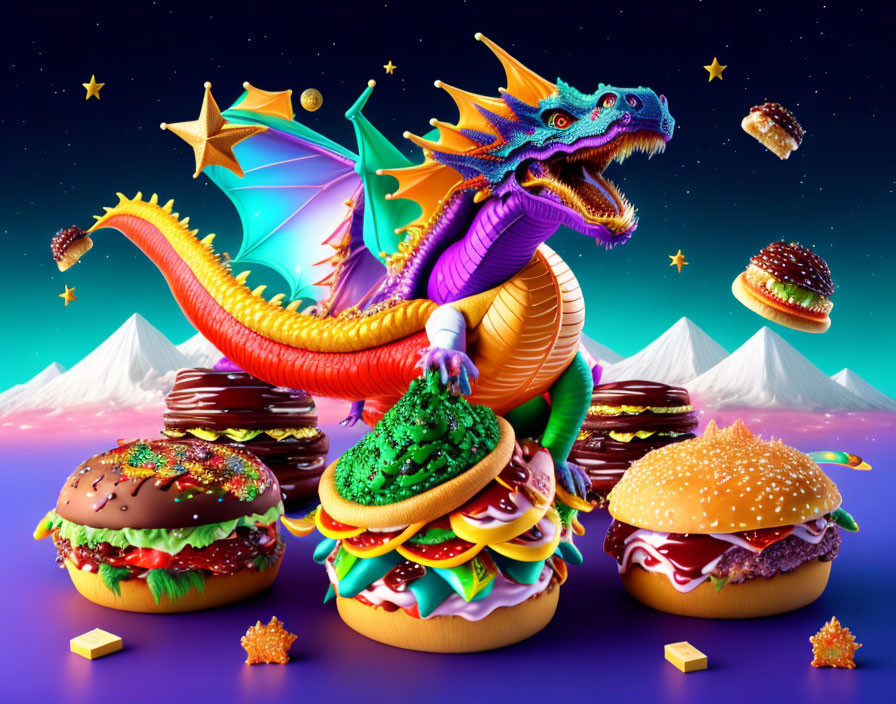 Colorful dragon on cheeseburger mountains under starry sky with flying hamburgers and cheese cubes.