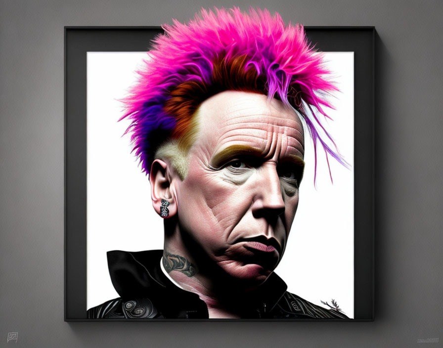 Digital artwork of a person with pink and purple spiky hair in a black jacket