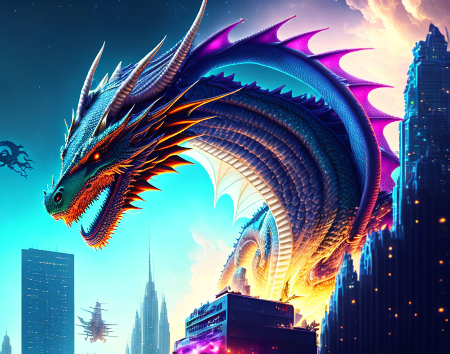 Gigantic dragon overlooks futuristic city at dusk