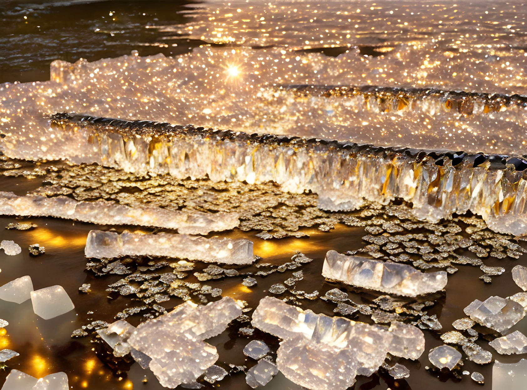 Glittering sunlight on ice formations and frozen water