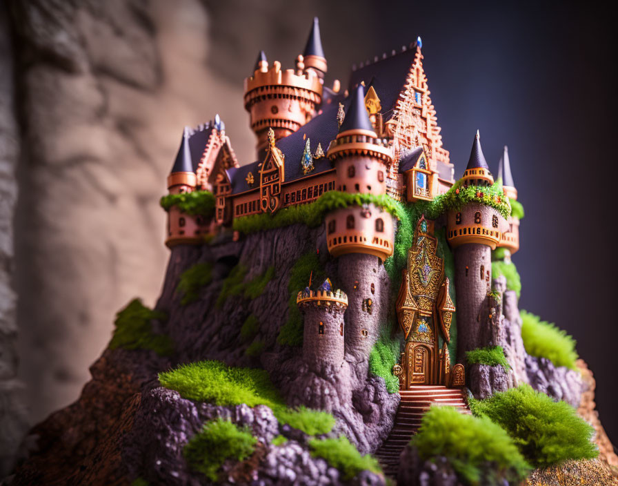 Detailed miniature fantasy castle on rocky outcrop surrounded by lush greenery