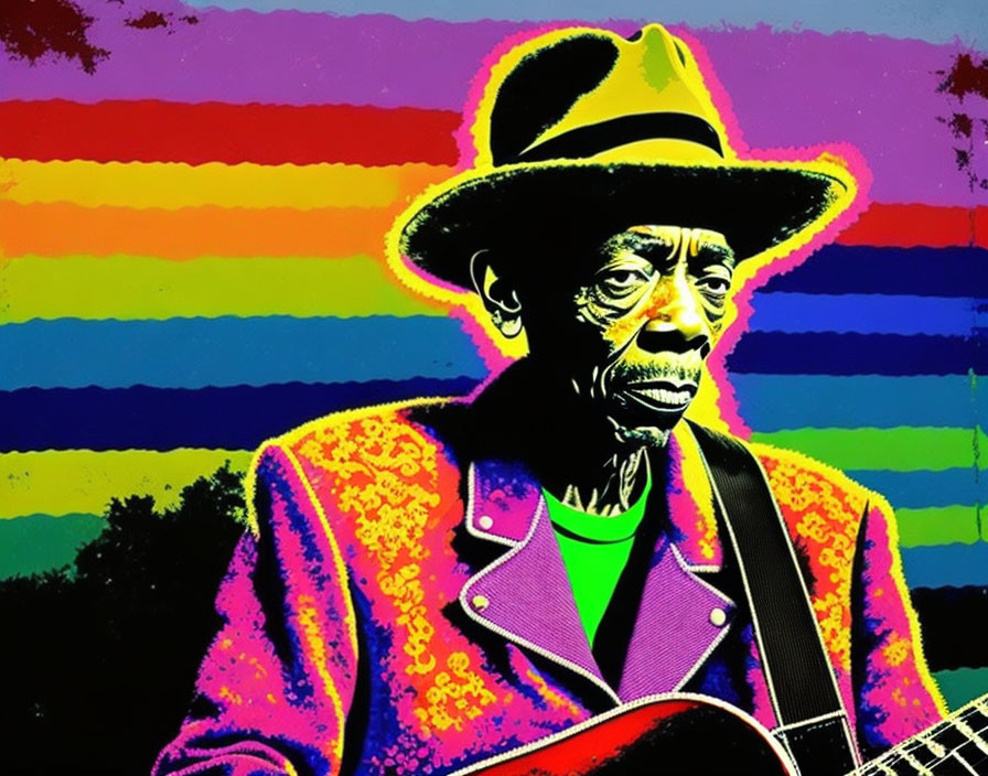 Vibrant pop art man with hat playing guitar on rainbow backdrop