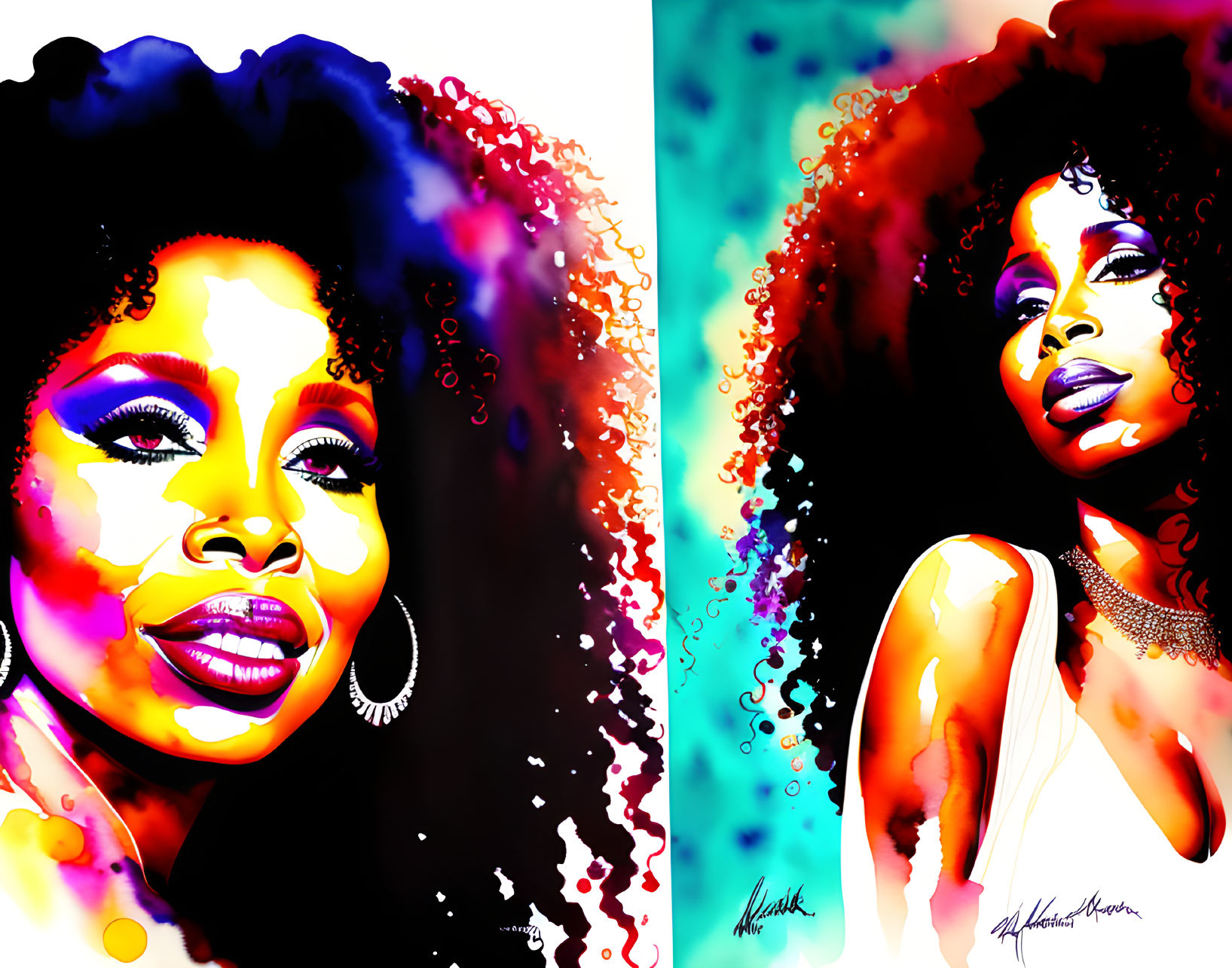 Vibrant digital artwork: Woman with curly hair & bold makeup, colorful splashes & abstract elements