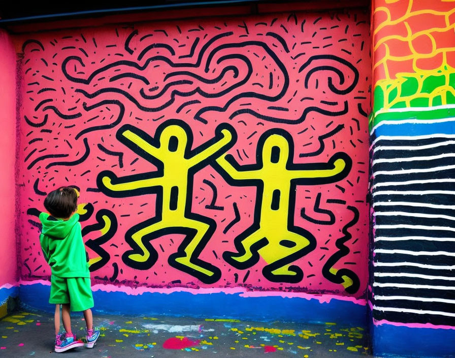 Child in Green Hoodie Poses Before Vibrant Keith Haring-Inspired Mural