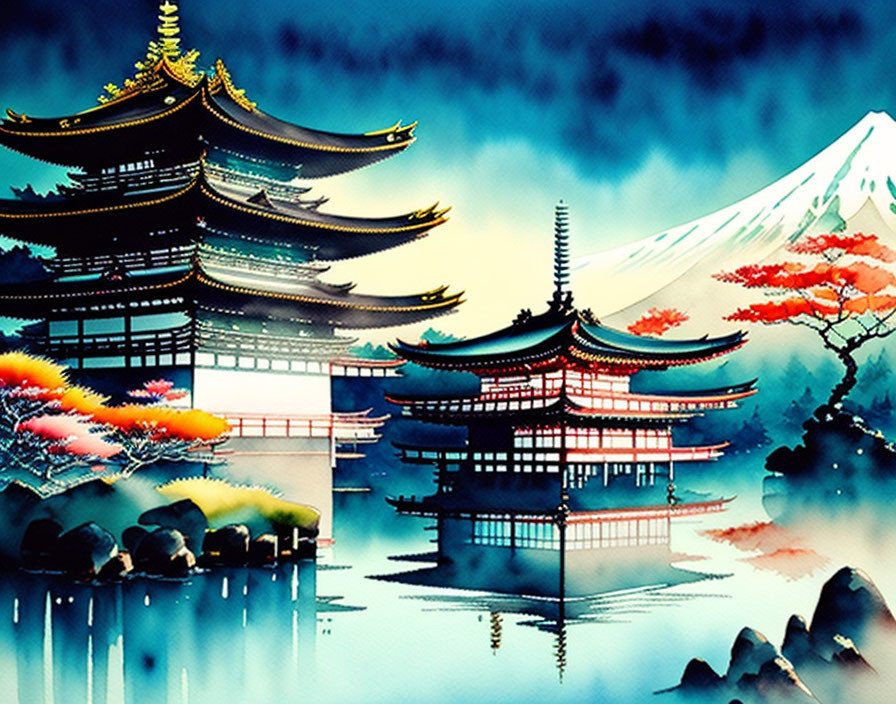 Japanese Temple Illustration: Pagodas, Lake, Mount Fuji & Foliage