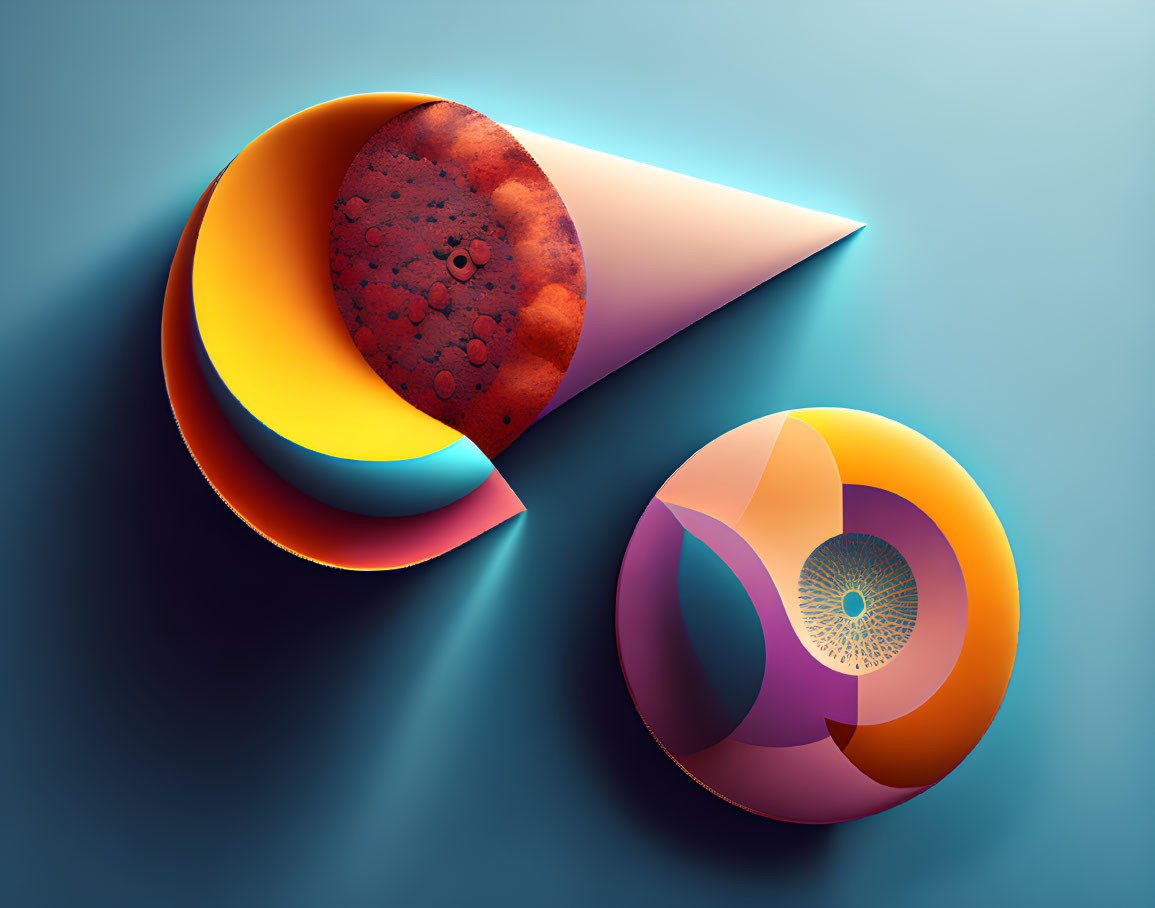 Colorful Abstract Digital Art with Conical and Circular Shapes on Blue Gradient