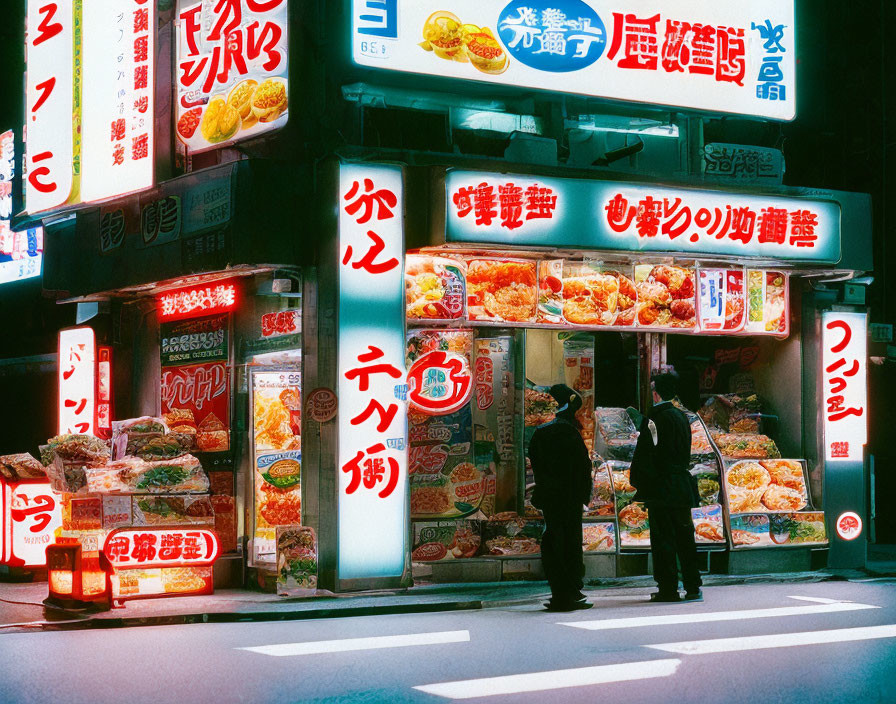 Vibrant night scene outside Japanese restaurant with bright signs and menus.