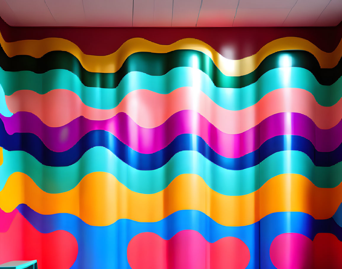 Colorful wavy mural: red, yellow, blue, pink tones with ambient lighting