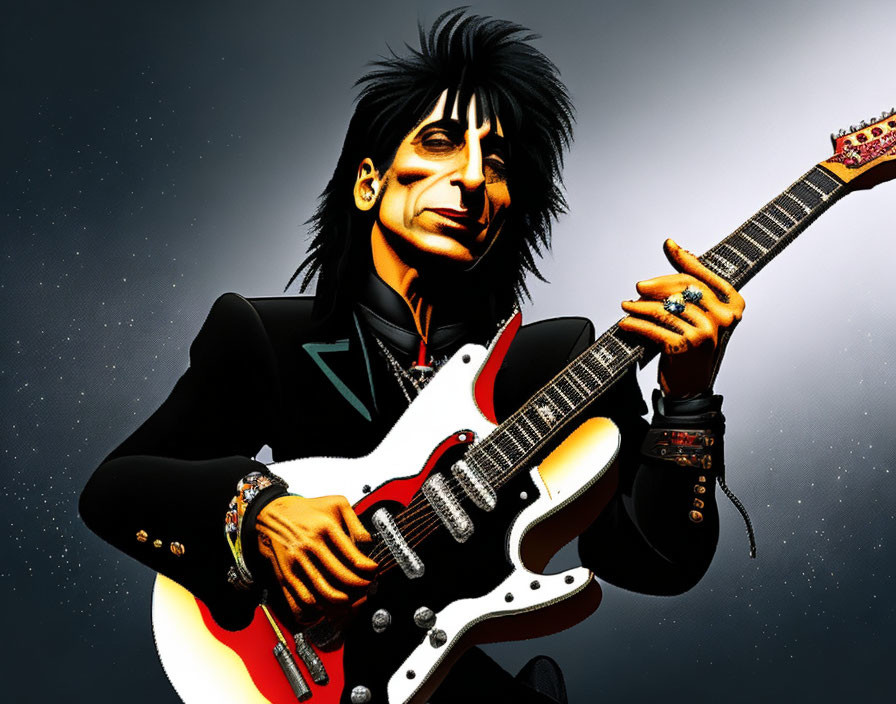 Stylized animated man with black hair and guitar in black suit on dark background