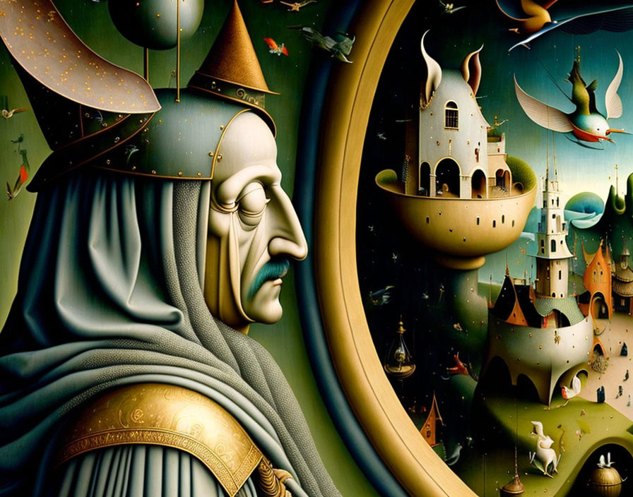 Surrealist painting: Knight profile amid fantastical architecture