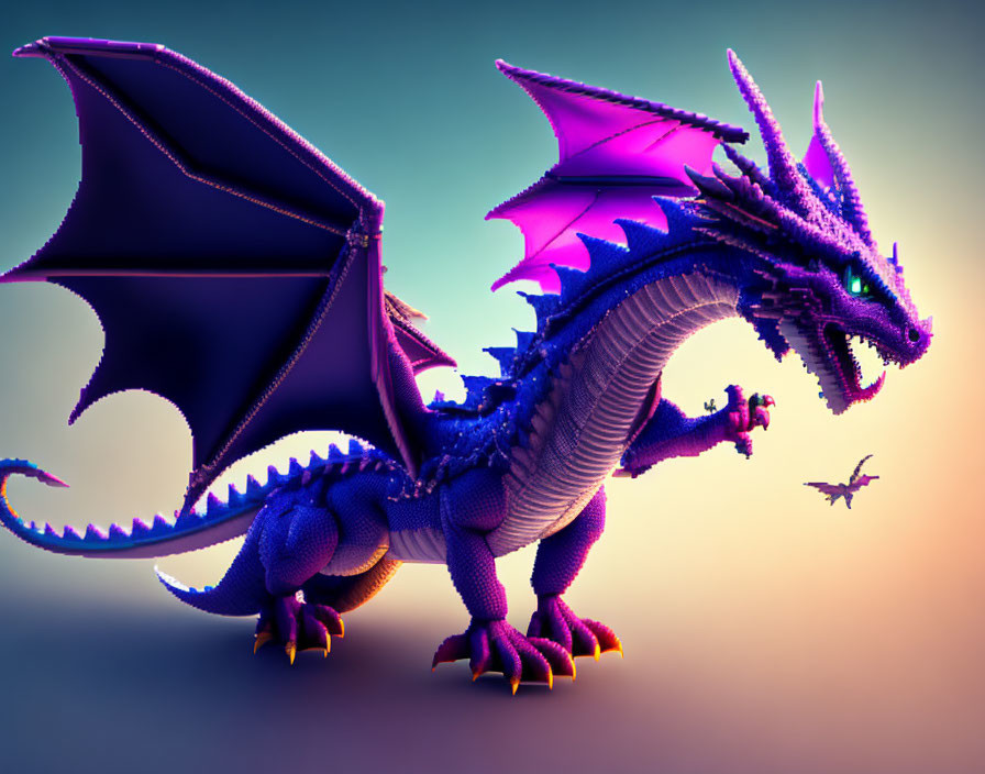 Colorful 3D dragon illustration with purple and blue scales, wings, and horns