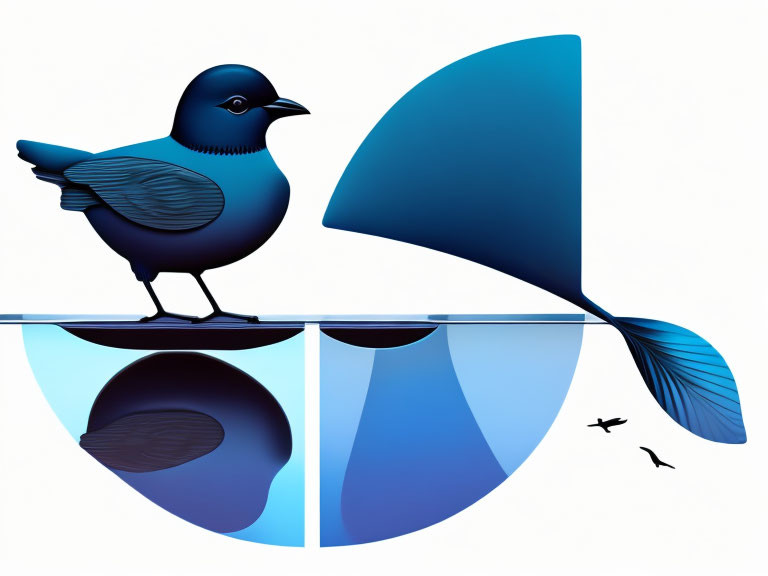 Stylized bird with whale tail reflection on surface