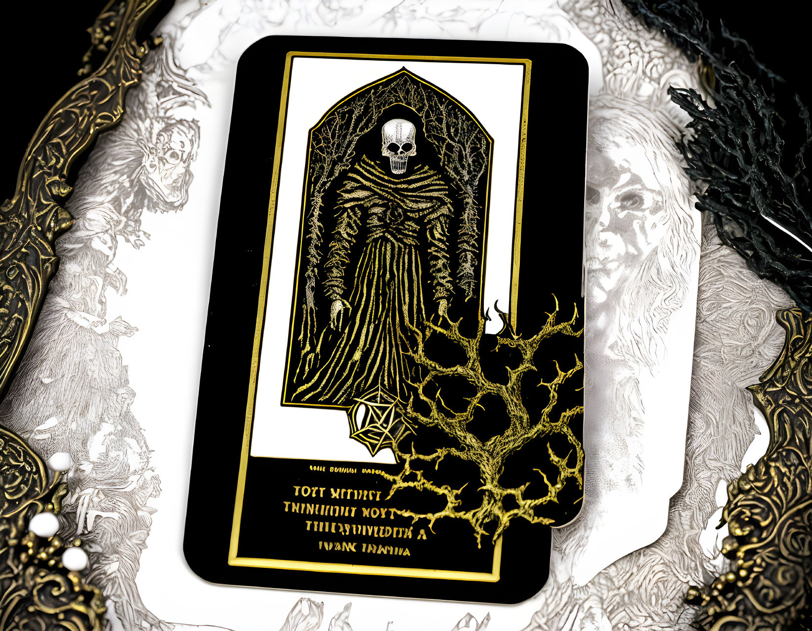 Skeletal figure in cloak with pentacle and tree branch designs on tarot card