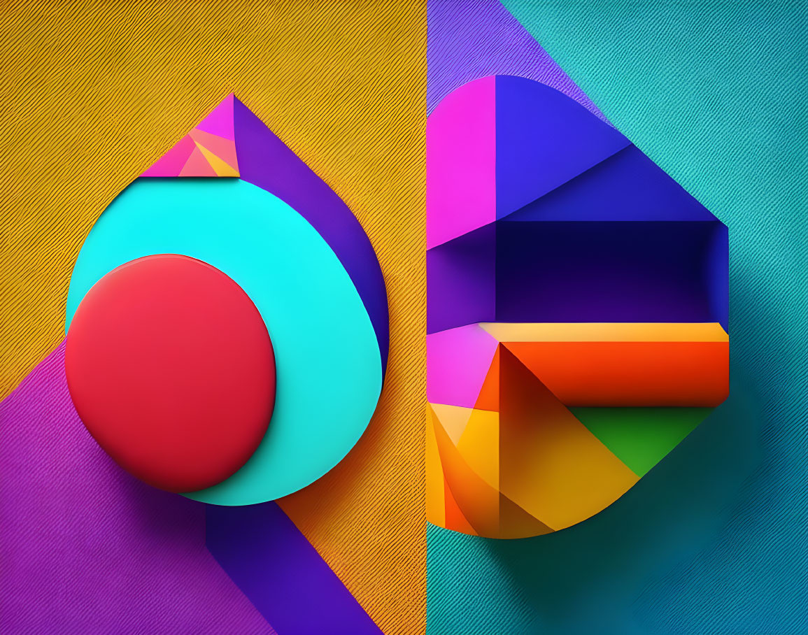 Vibrant 3D geometric shapes on split purple and aqua backdrop