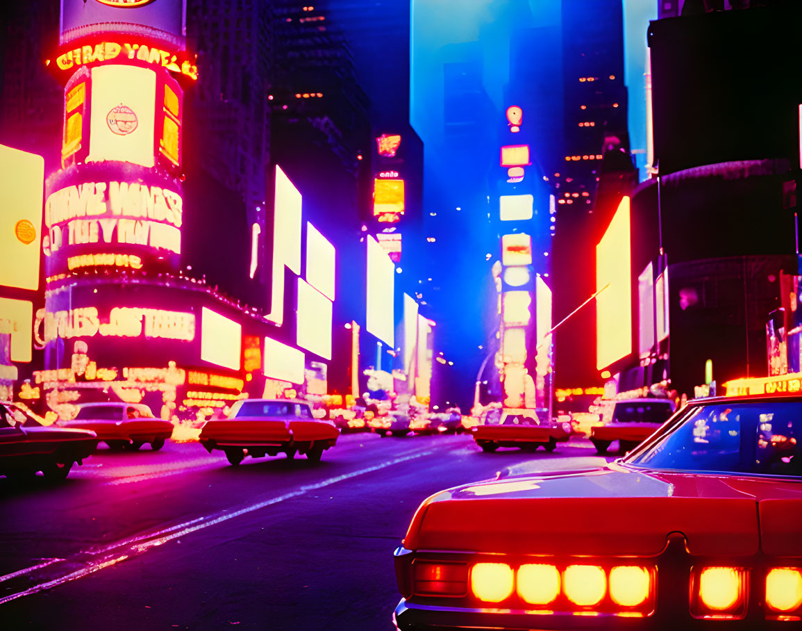 Vibrant billboards and vintage cars in neon-lit Times Square at night