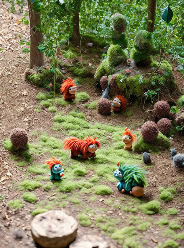 Colorful Troll Figurines in Miniature Forest Scene