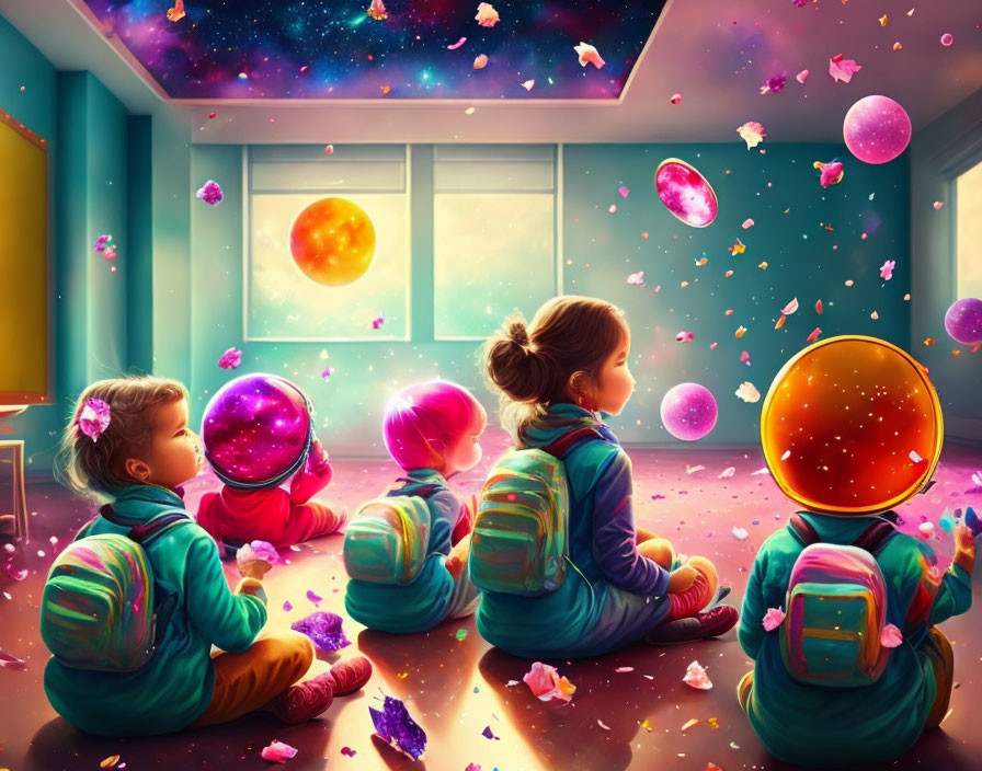 Five children in space helmets gaze at cosmic scene with floating planets.