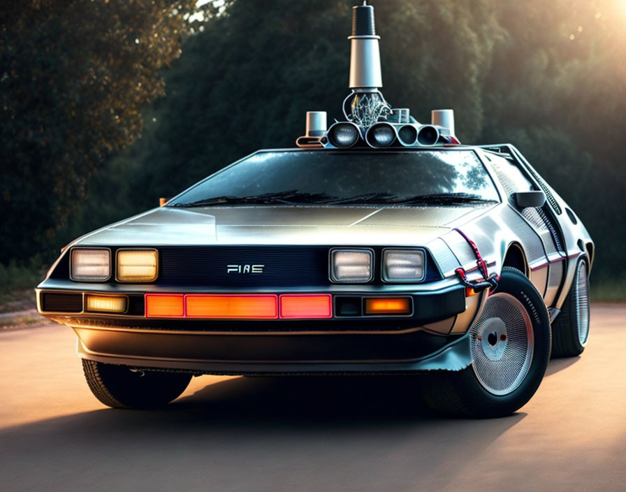 Iconic DeLorean DMC-12 with gull-wing doors and futuristic modifications parked outdoors