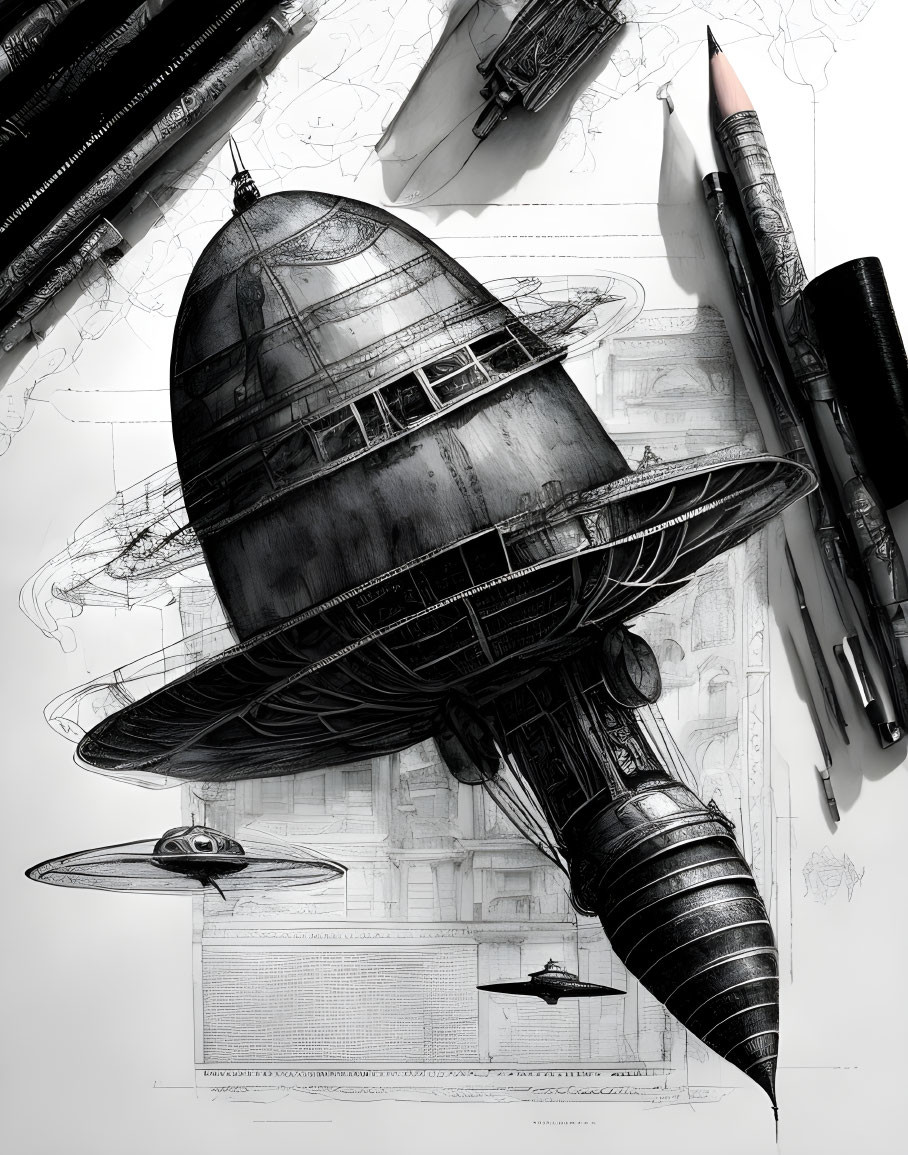 Detailed Futuristic Spaceship Sketches on White Background