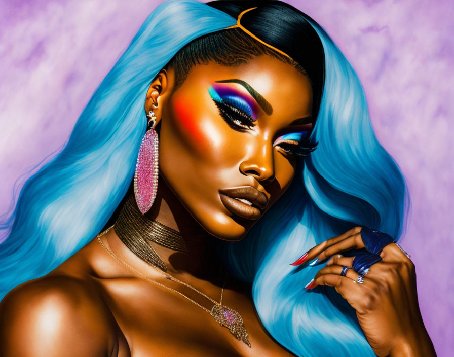 Vibrant woman illustration with blue hair & colorful makeup