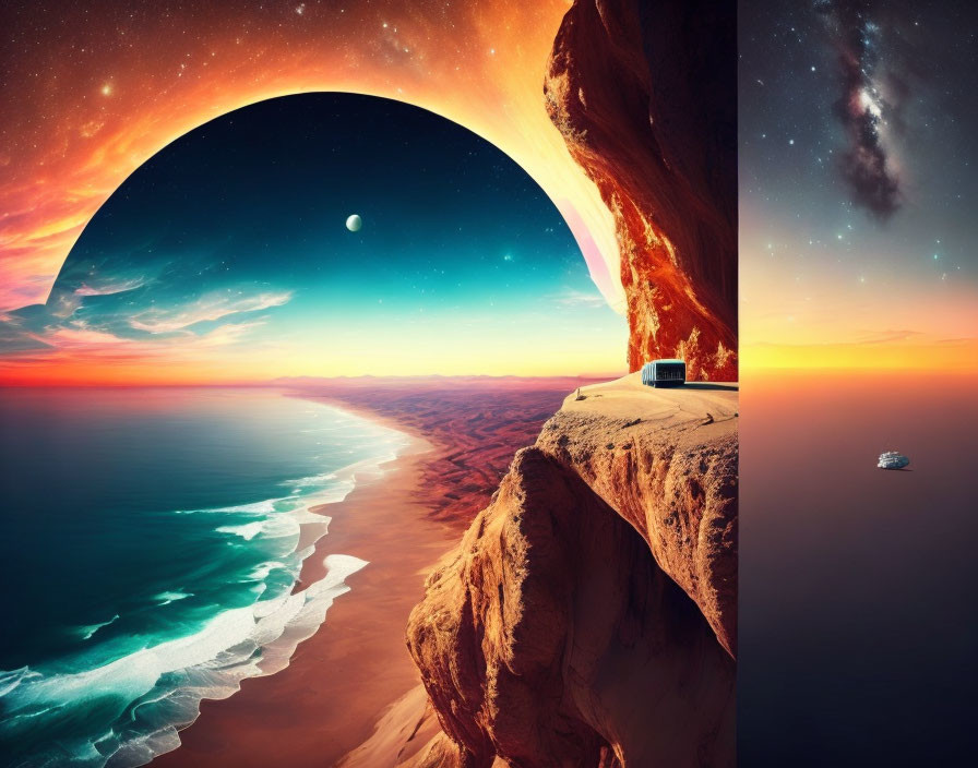 Surreal composite image: desert meets ocean under cosmic sky