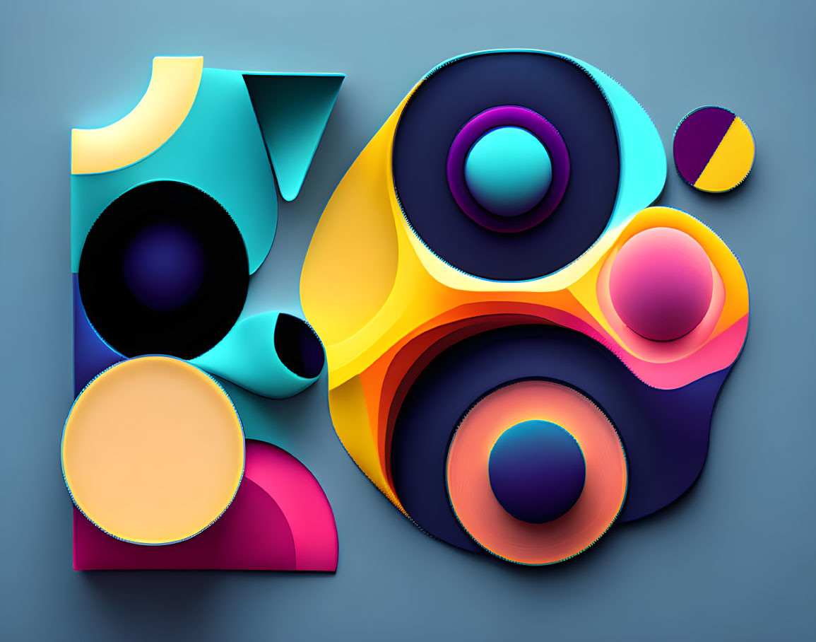 Colorful 3D Artwork: Layered Circles & Curved Shapes in Blues, Y