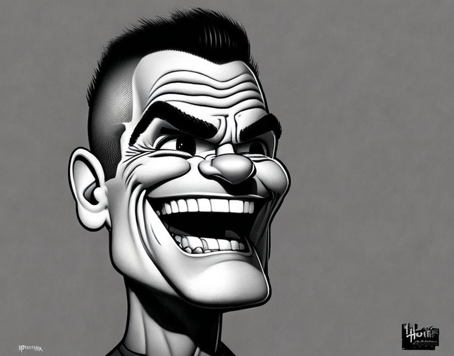 Smiling man caricature with thick eyebrows