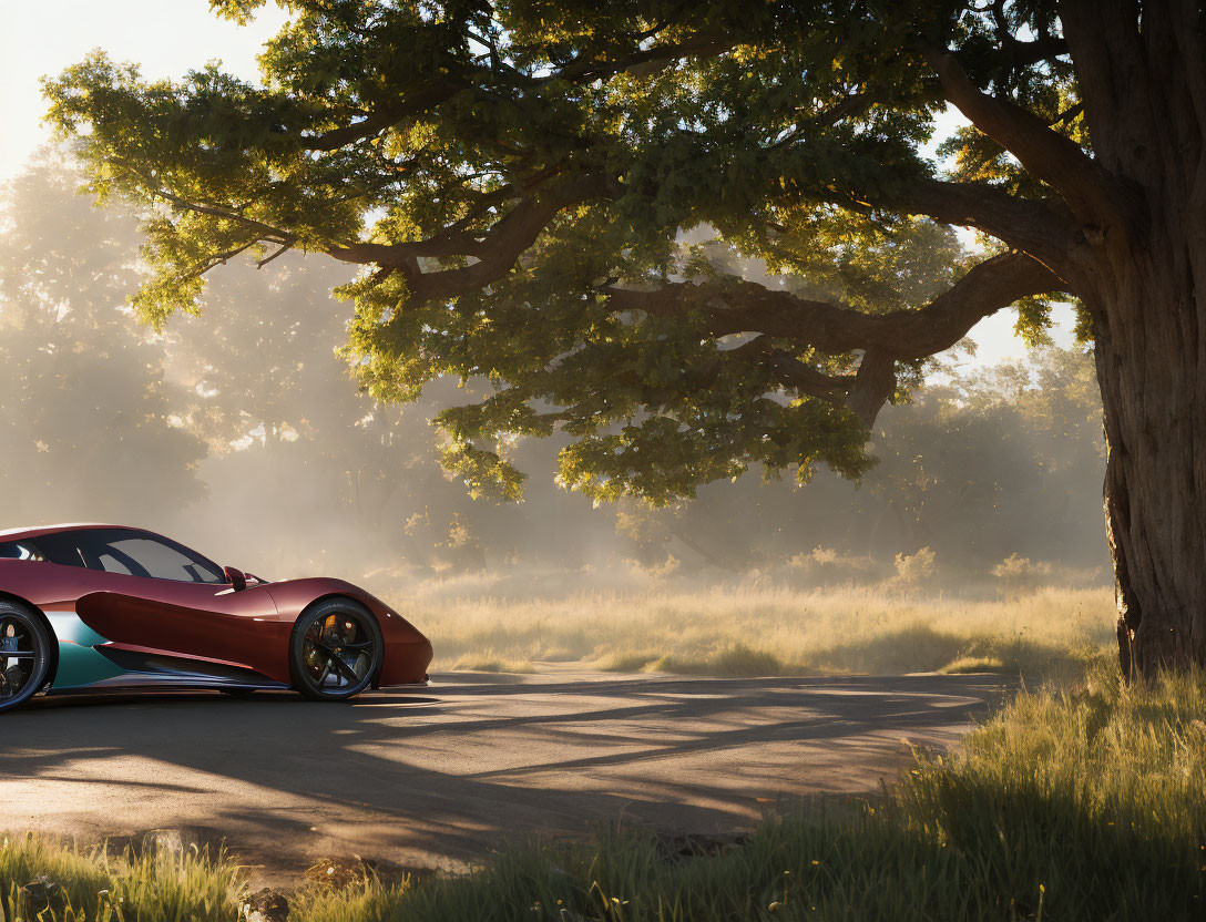 Red sports car parked by road under overhanging trees on misty morning.