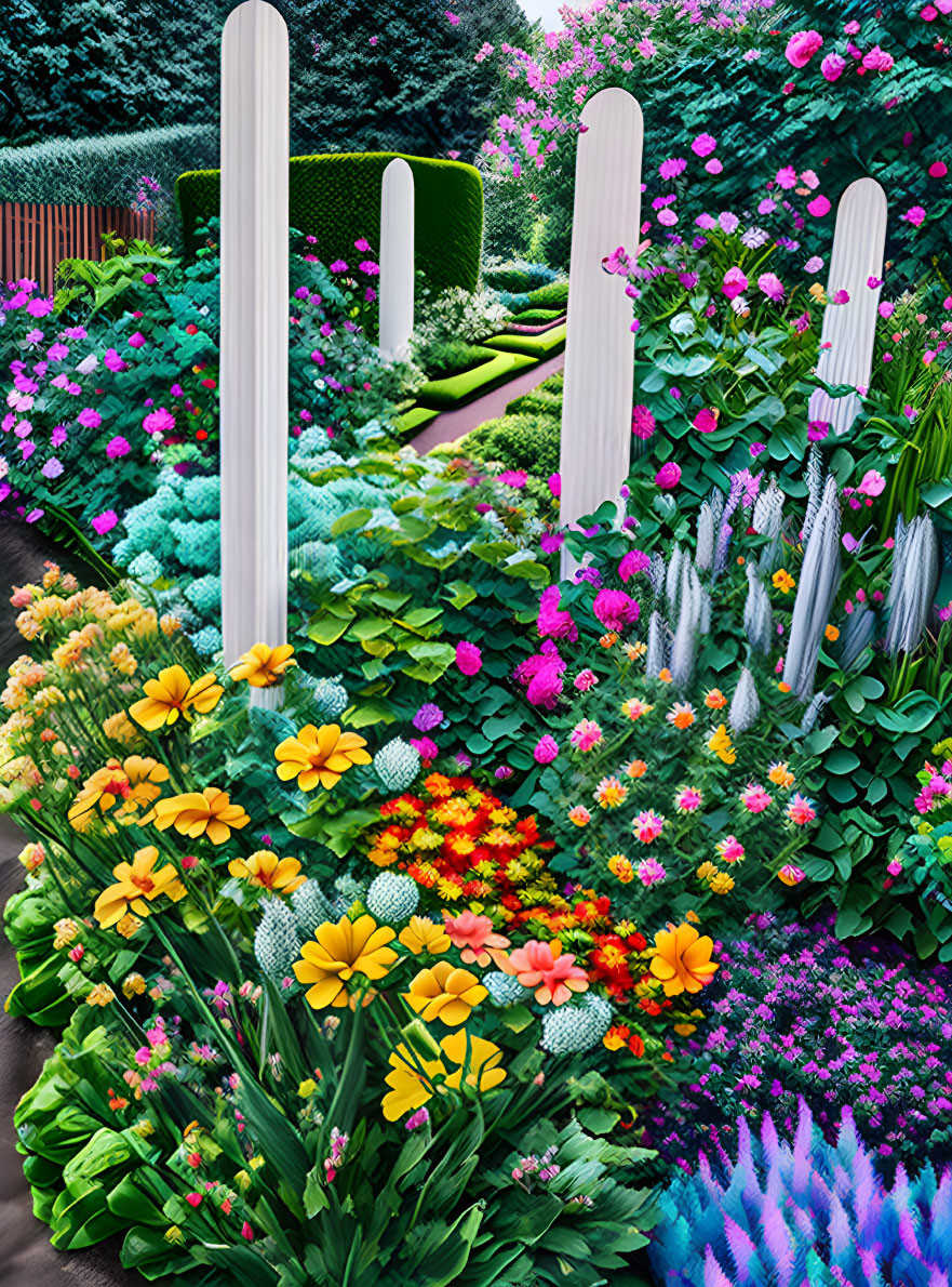 Colorful Flower Garden with Trimmed Hedge & White Sculptures