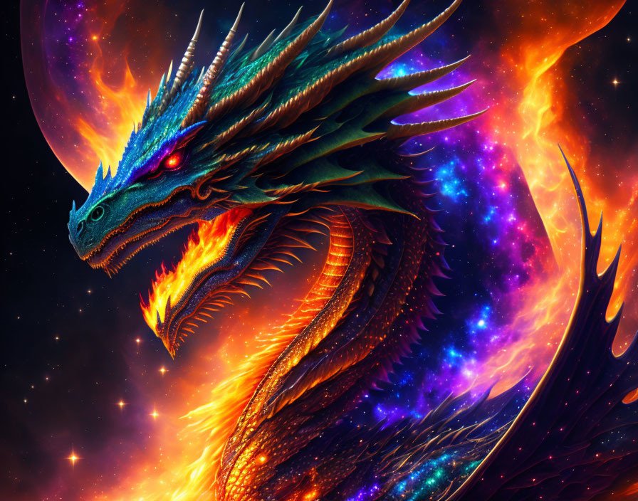 Blue-Scaled Dragon with Fiery Breath in Cosmic Illustration